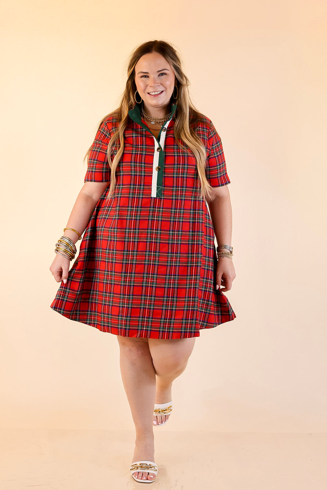 Seasonal Shift Plaid Dress with Pockets and Button Detailing in Red