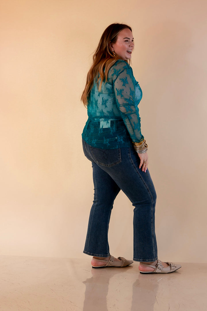 Delicate Charm Long Sleeve Sheer Lace Top with Mock Neck in Turquoise Blue