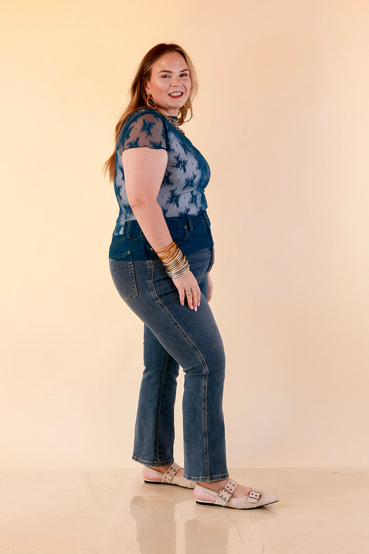 Lovely in Lace Sheer Mock Neck Short Sleeve Top in Teal Blue