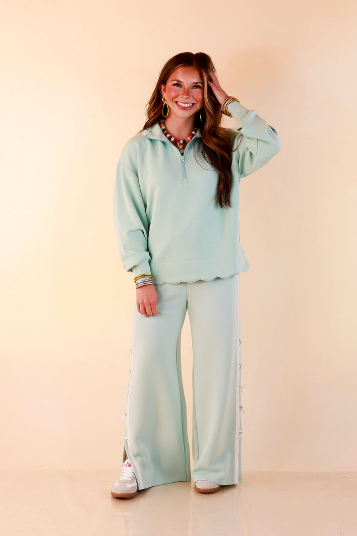 Simply Southern | Modern Staple Buttery Soft Pull-On Wide Leg Knit Pants with Side Bow Detail in Light Dusty Teal Blue