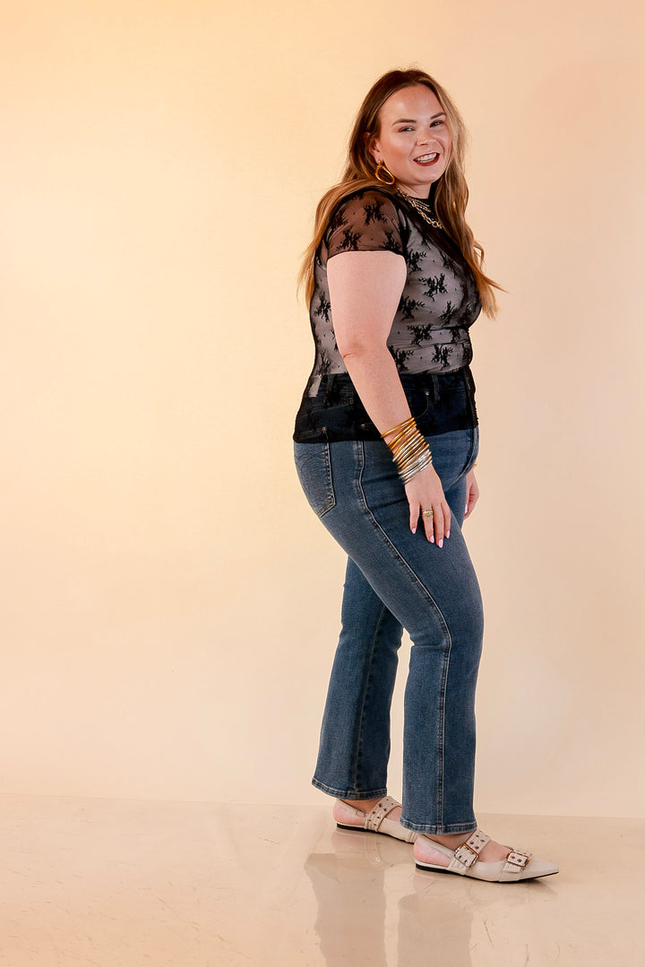Lovely in Lace Sheer Mock Neck Short Sleeve Top in Black