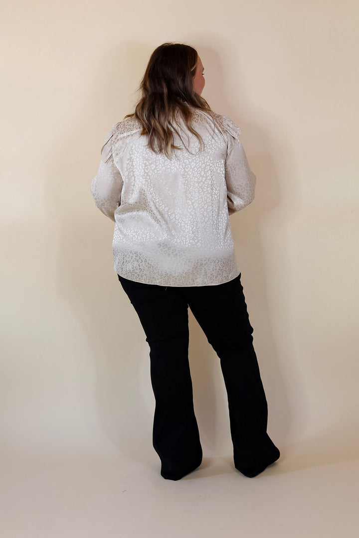 Can't Stop Me Ruffle Mock Neck Long Sleeve Leopard Print Satin Top in Ivory - Giddy Up Glamour Boutique
