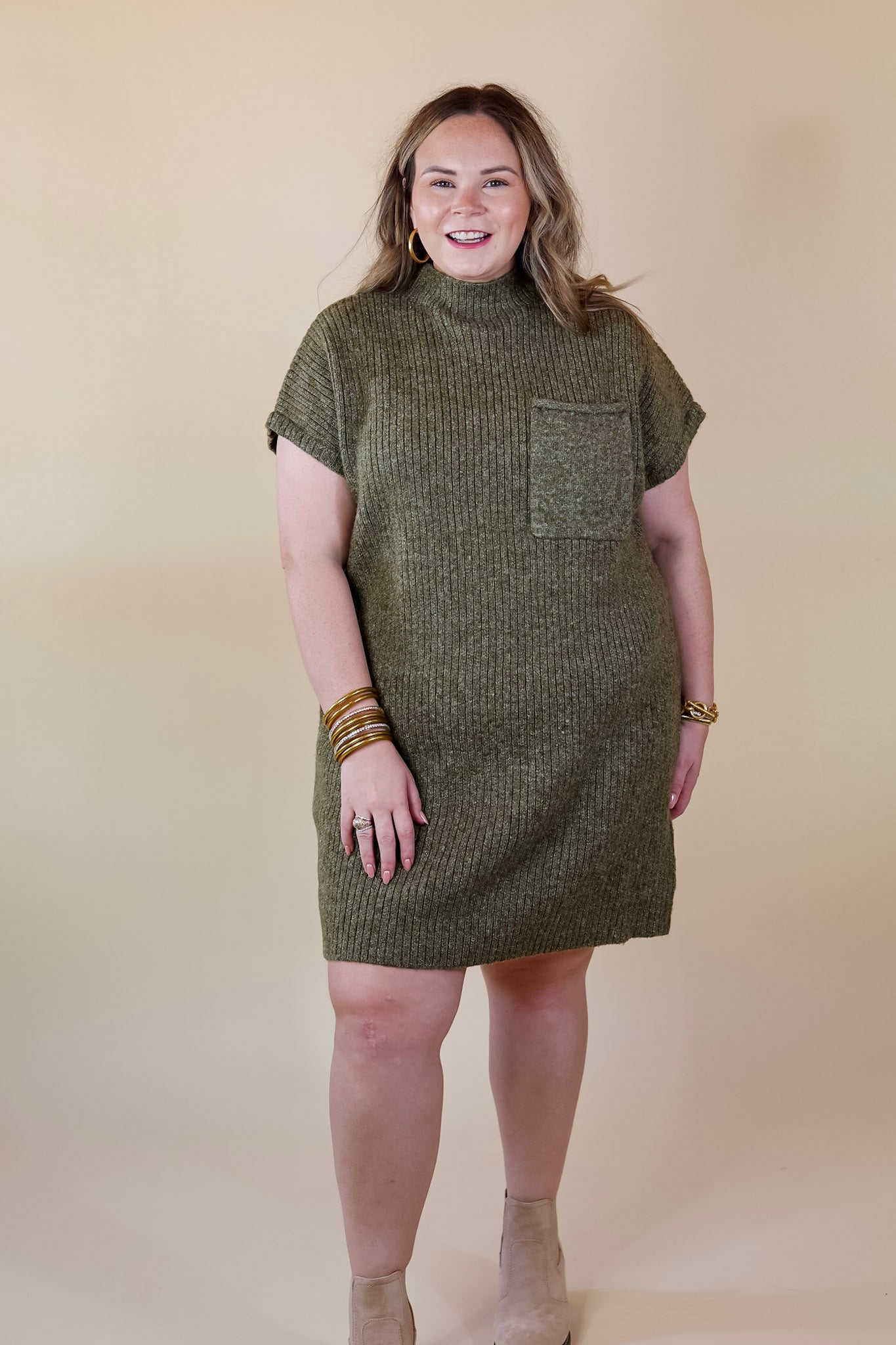 City Sights Cap Sleeve Sweater Dress in Olive Green - Giddy Up Glamour Boutique