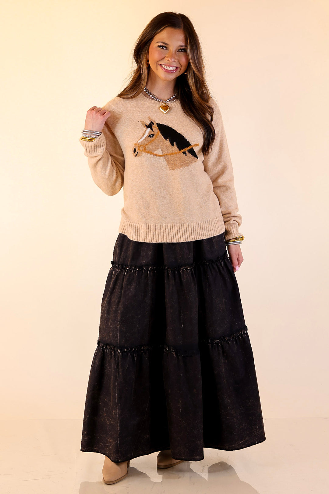 Simply Southern | Finest Touch Crewneck Sweater with Horse in Brown