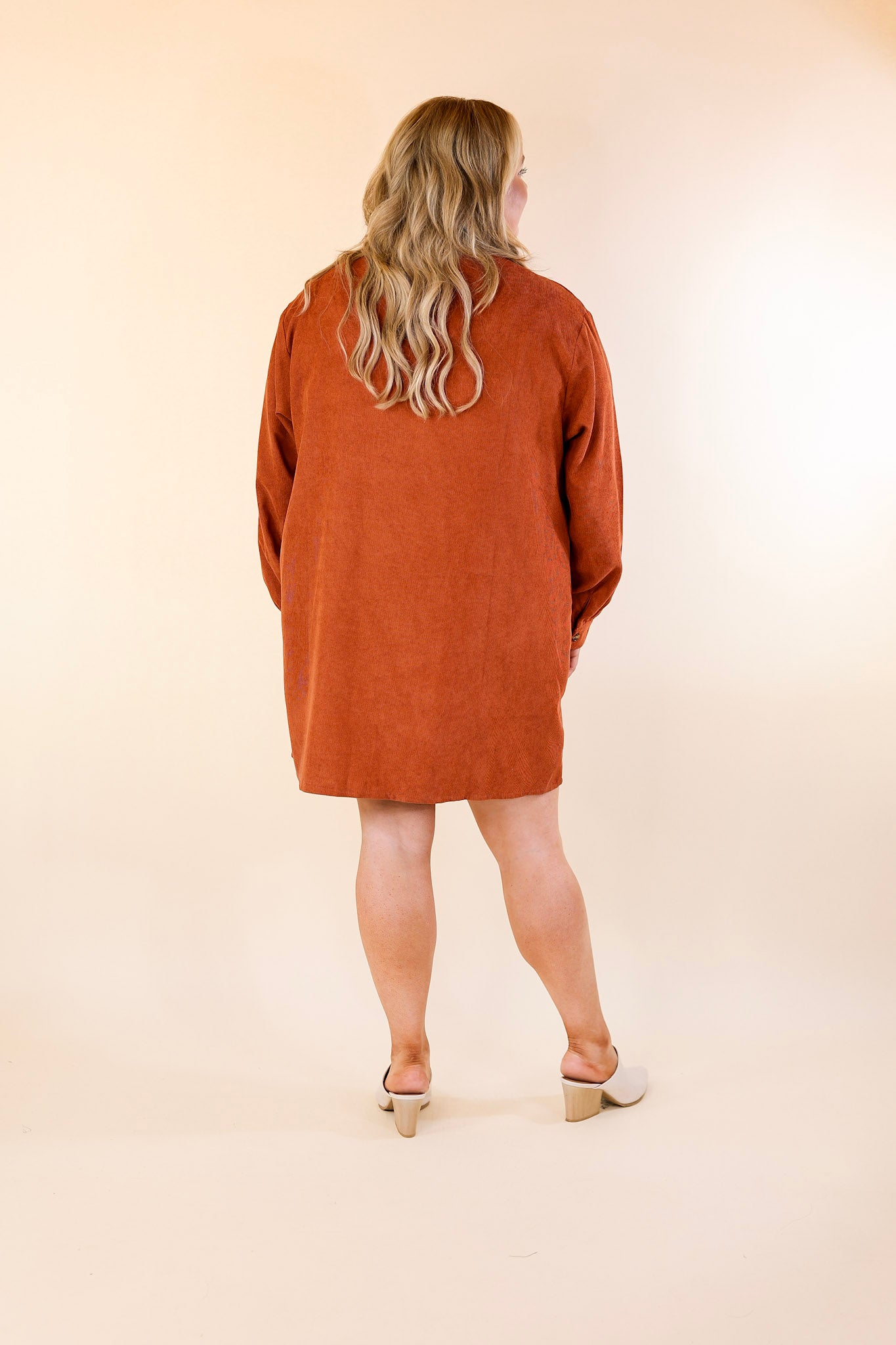 Peanut Brittle Button Up Corduroy Long Sleeve Dress in Rust Orange