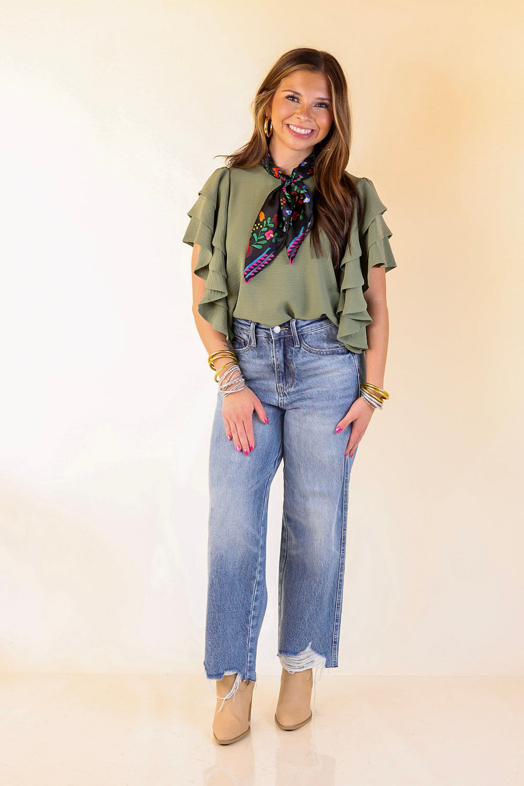 Turning Heads Multi-Tiered Ruffle Cap Sleeve Top in Olive Green