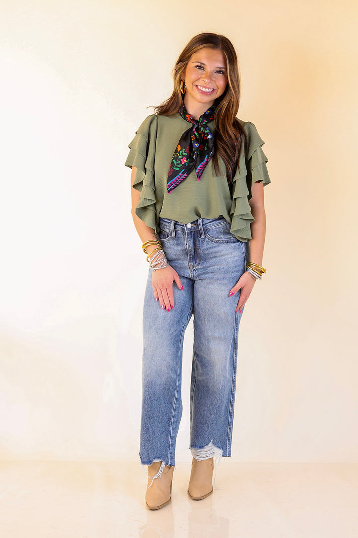 Turning Heads Multi-Tiered Ruffle Cap Sleeve Top in Olive Green