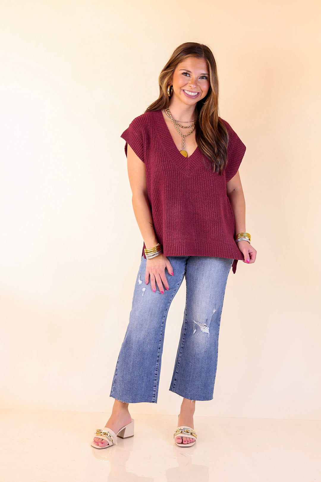 Fall For You Textured V-Neck Oversized Knit Sweater Vest Top in Maroon
