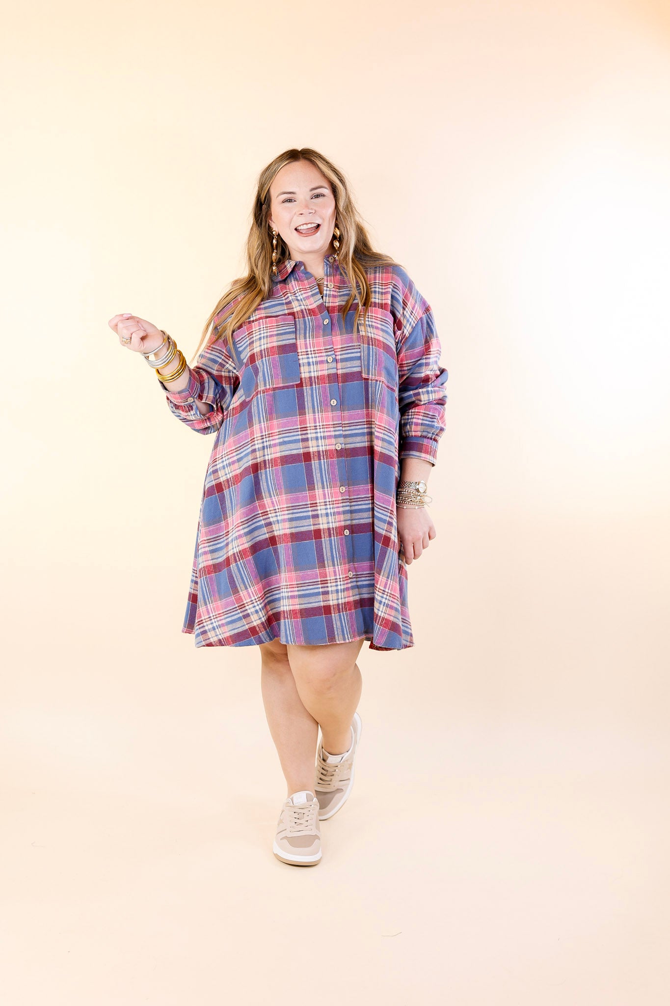 Vibrant Lifestyle Plaid Button Up Dress in Dusty Blue and Pink