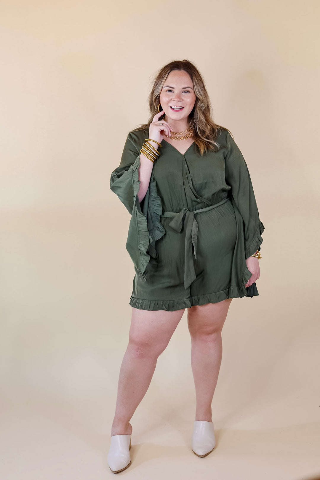 Something More Ruffle Trim Long Sleeve Satin Romper in Olive Green - Giddy Up Glamour Boutique