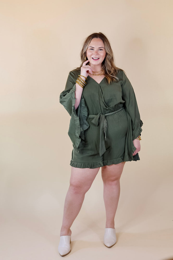 Something More Ruffle Trim Long Sleeve Satin Romper in Olive Green - Giddy Up Glamour Boutique