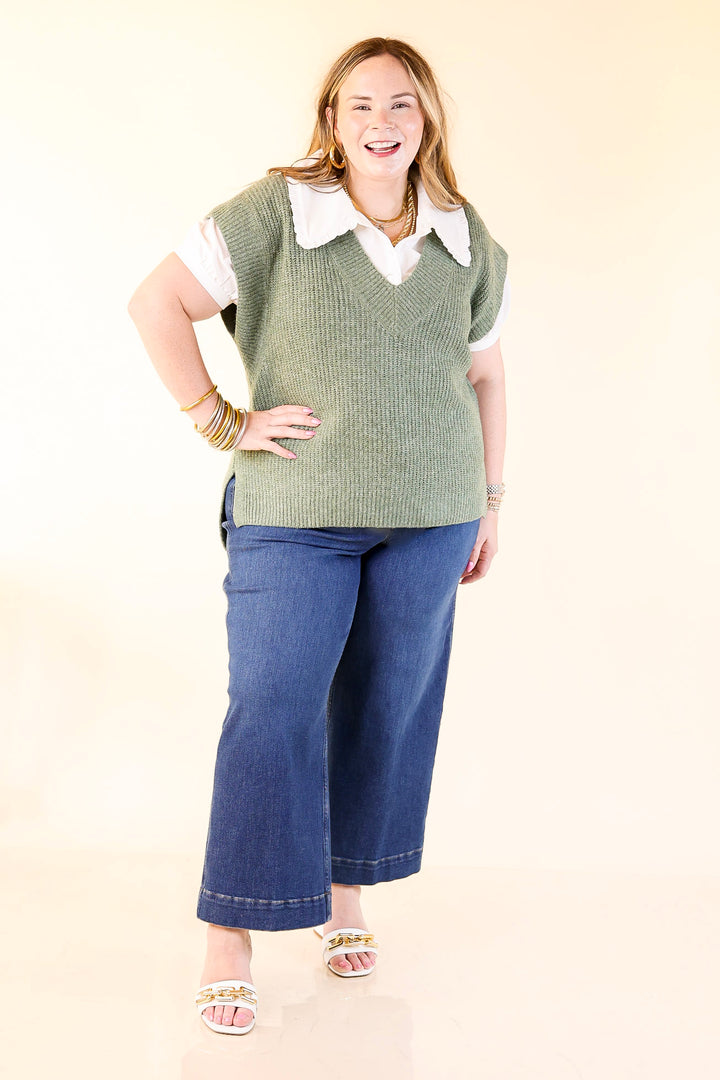 Fall For You Textured V-Neck Oversized Knit Sweater Vest Top in Olive Green