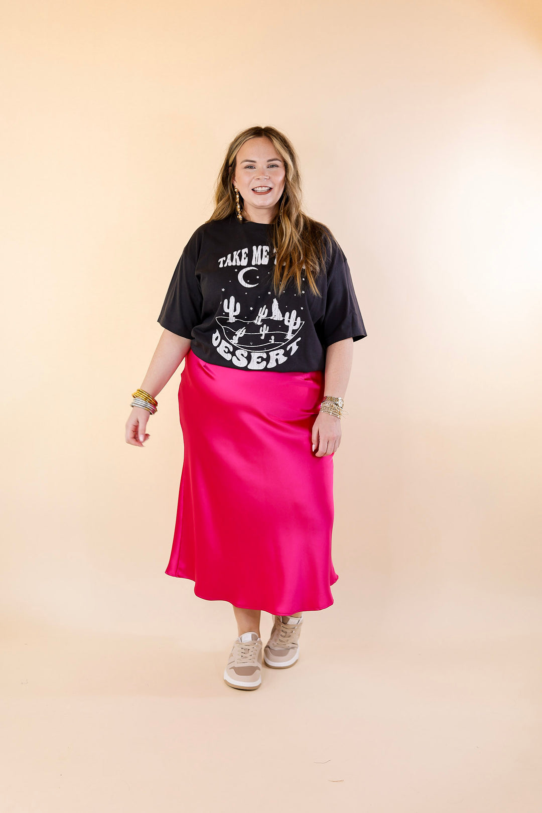 Bubbly And Blissful Satin Midi Skirt in Fuchsia Pink
