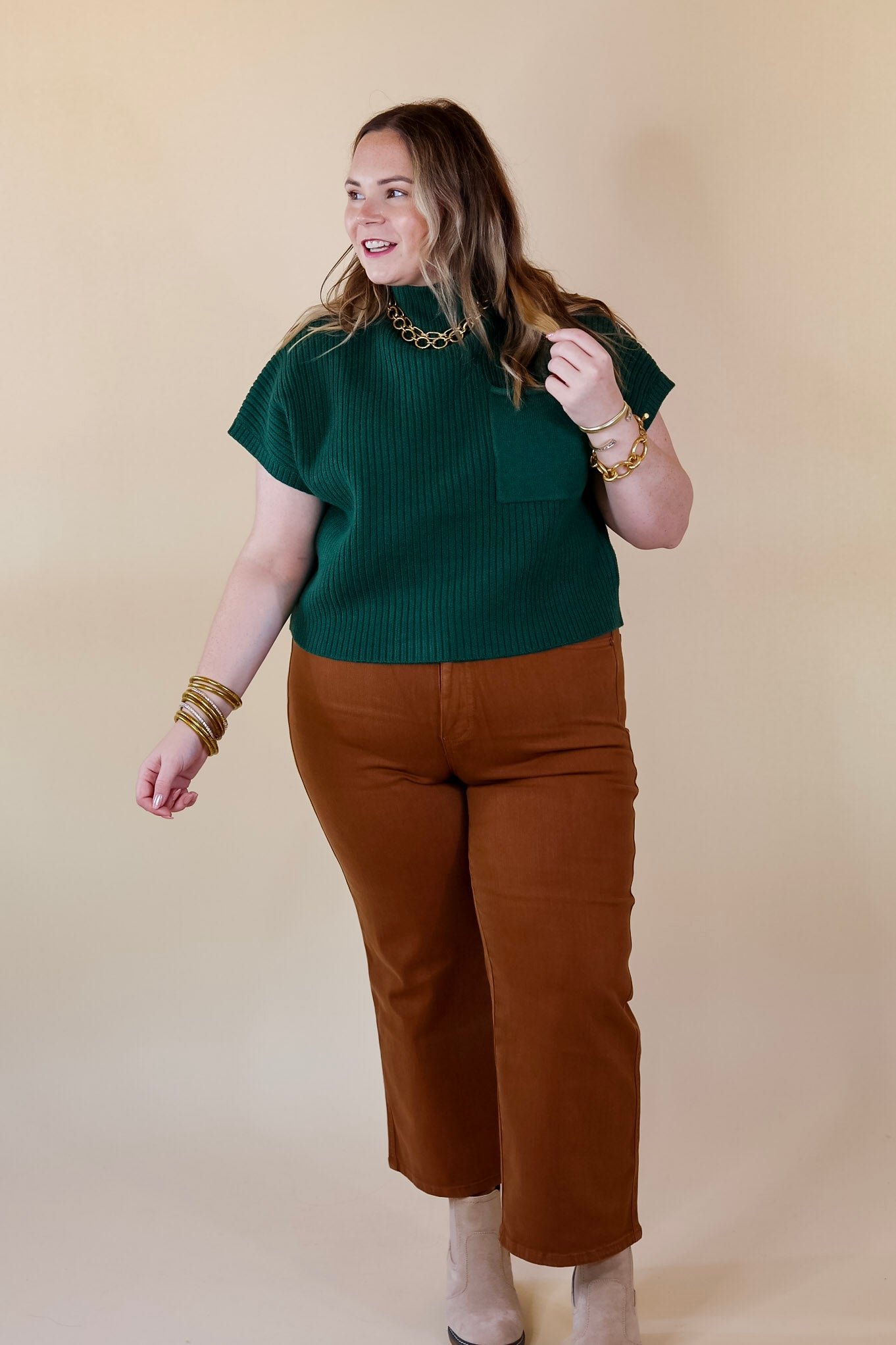 City Sights Cap Sleeve Sweater Top in Hunter Green - Giddy Up Glamour Boutique