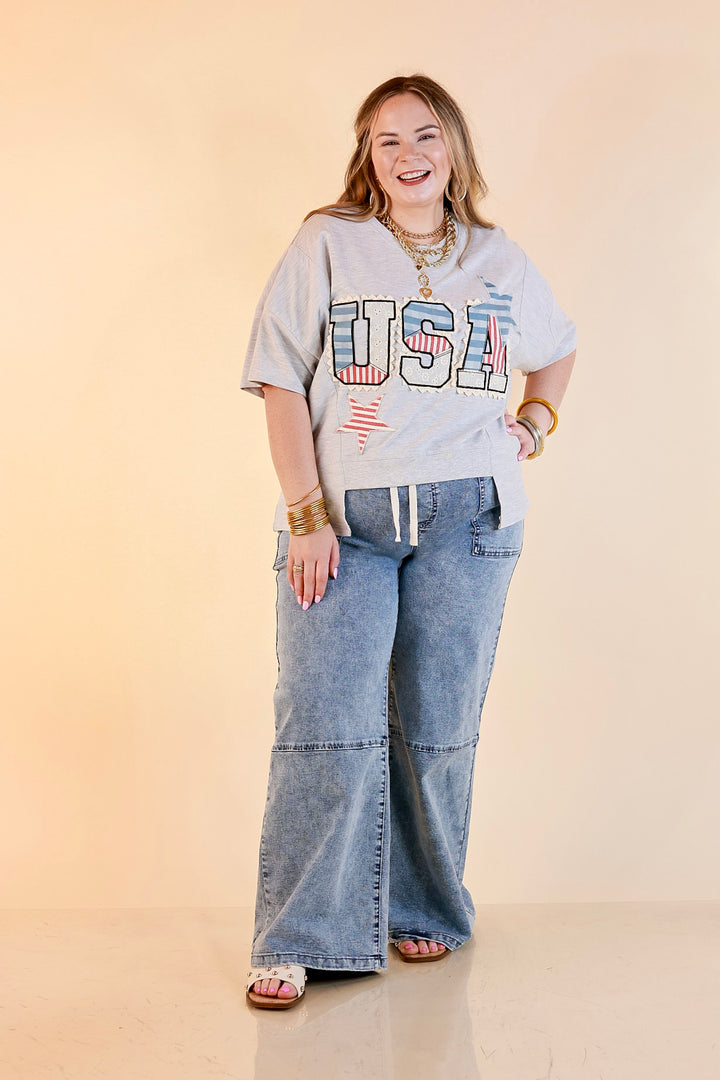 Simply Southern | All American Charm Lace Trim USA Patchwork Split Hem Graphic Tee in Heather Grey