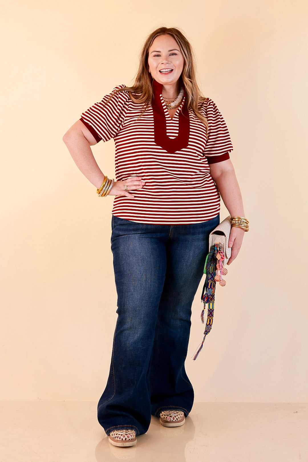 Confidently Yours Short Sleeve Contrast Trim Striped Top in Maroon and Cream