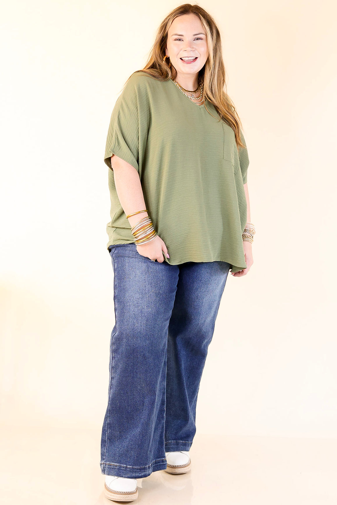 Try To Resist Short Sleeve V Neck Top with Front Pocket in Olive Green