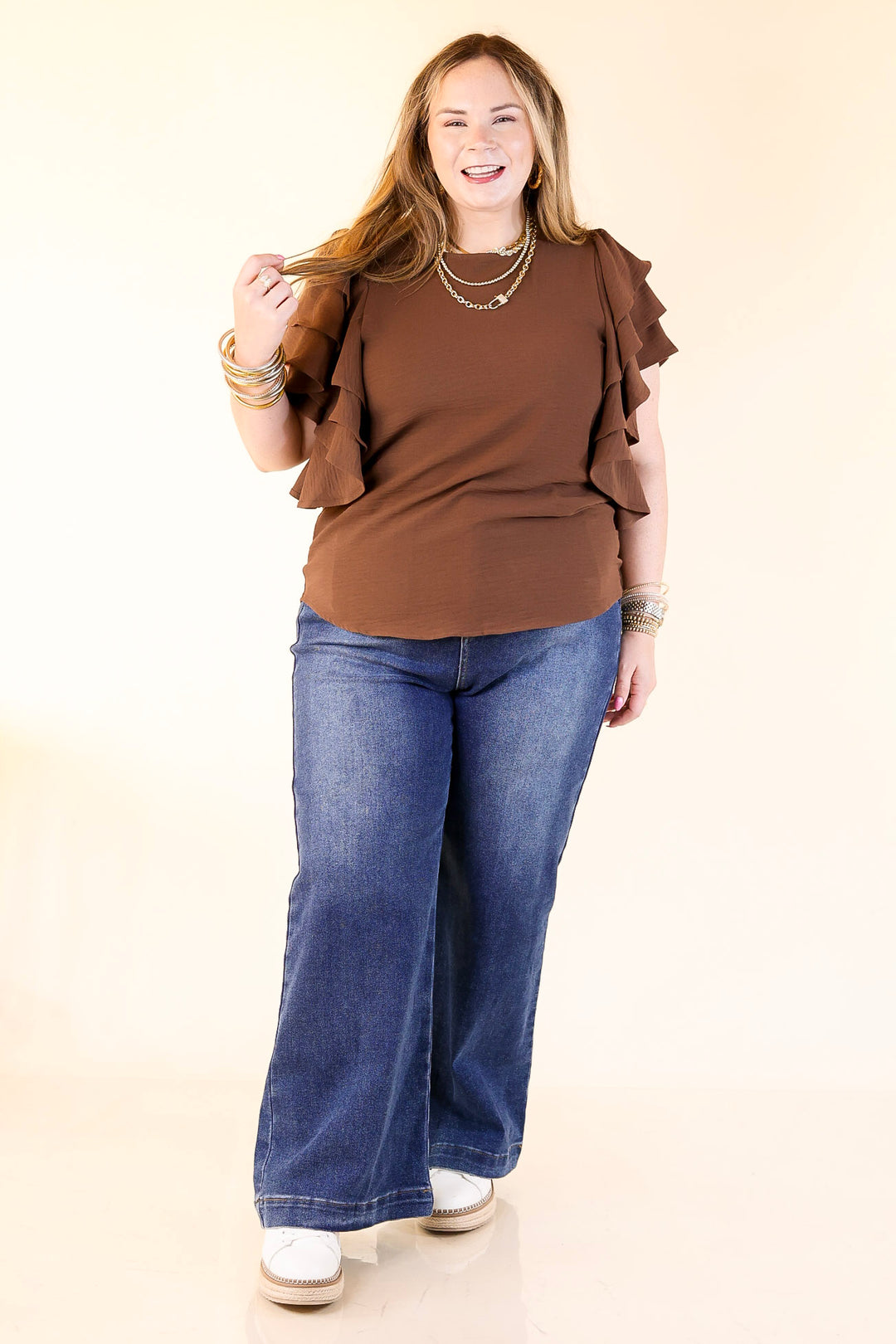 Turning Heads Multi-Tiered Ruffle Cap Sleeve Top in Chocolate Brown