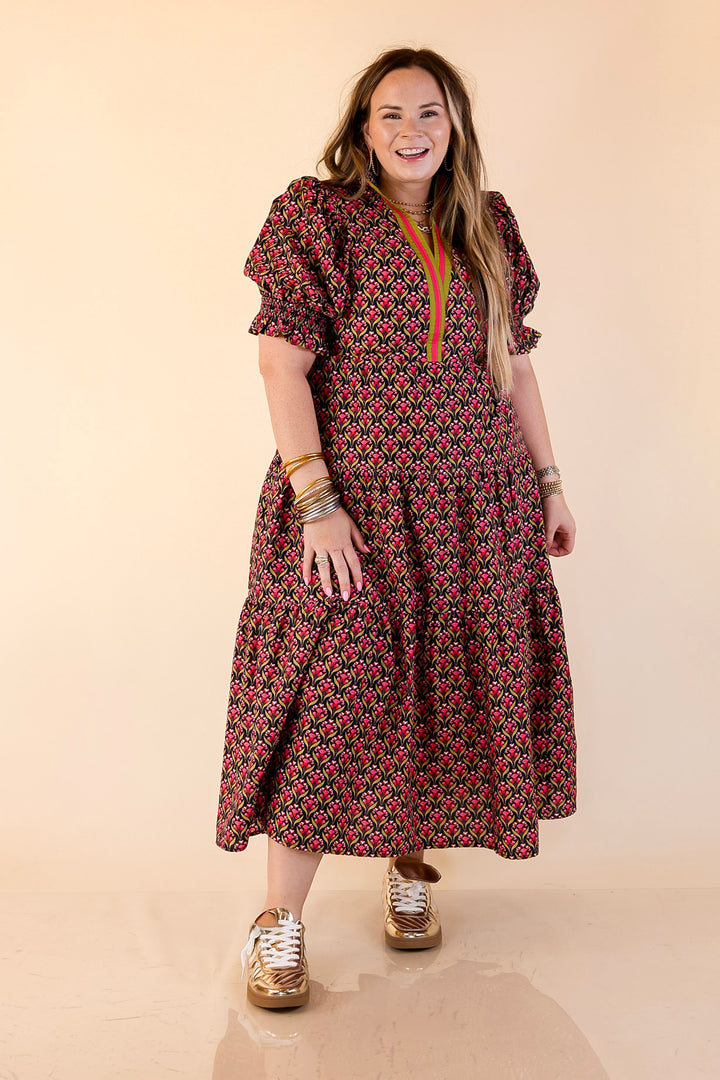 Vibrant Vision Floral Print Maxi Dress with Puff Sleeves and Contrast Trim in Black