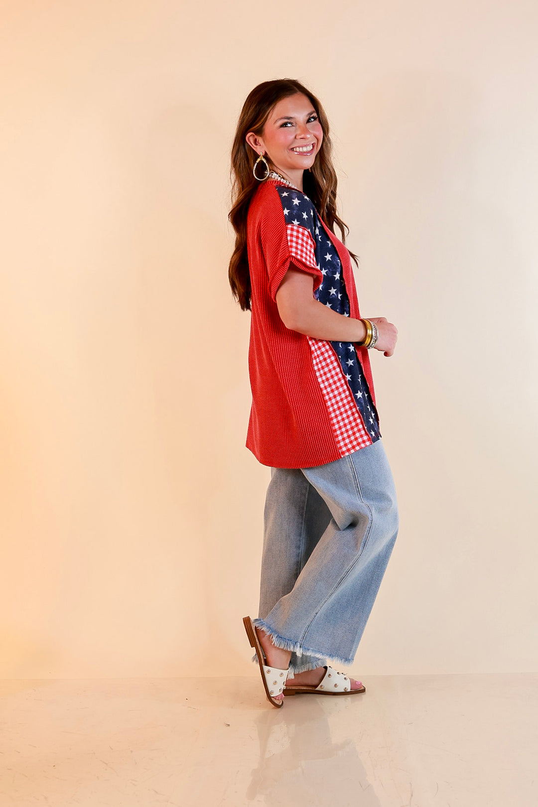 Make Your Mark Ribbed Scoop Neck Mixed Print Short Sleeve Top with Star and Gingham Detailing in Red