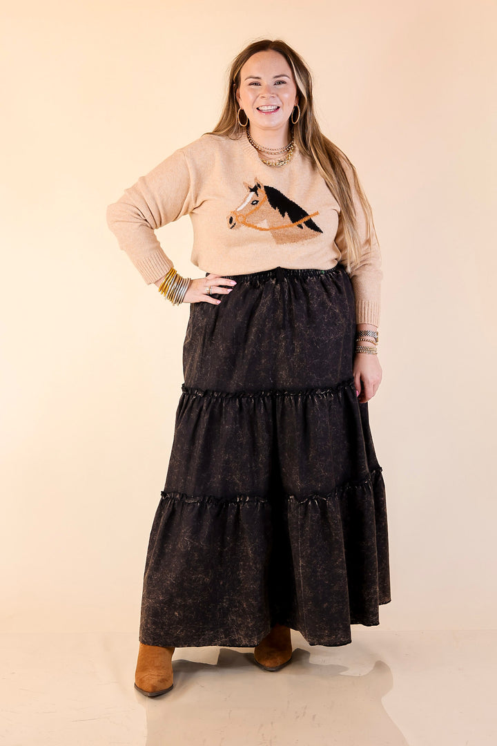 Boho Bliss Acid Wash Tiered Ruffle Maxi Skirt in Ash Black