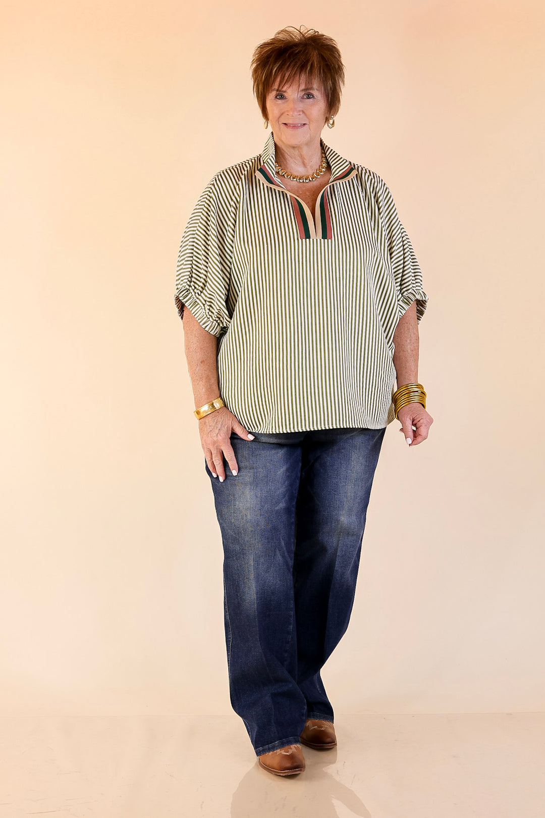 Naturally Stylish Striped Poncho Top in Olive Green