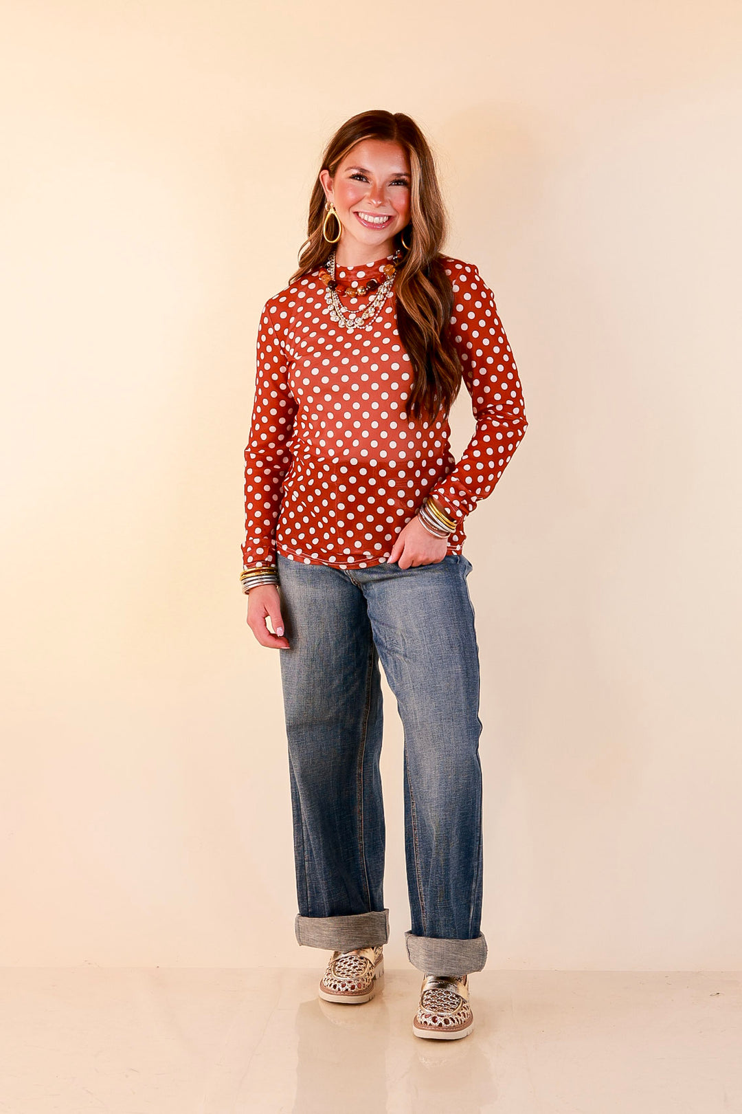 The Perfect Layer White Polka Dot Print Sheer Mesh Long Sleeve Top in Rust Orange