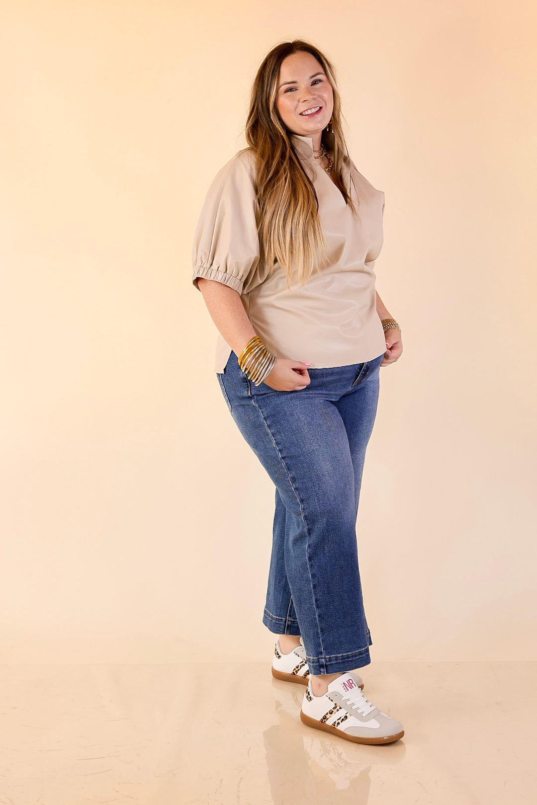 Effortlessly Cool Faux Leather Top with Short Balloon Sleeves in Ivory