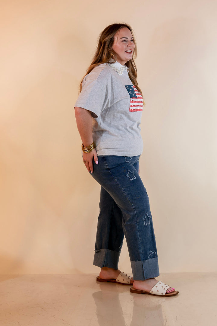 Simply Southern | American It Girl Short Sleeve Graphic Tee with Lace Flag Applique in Heather Grey
