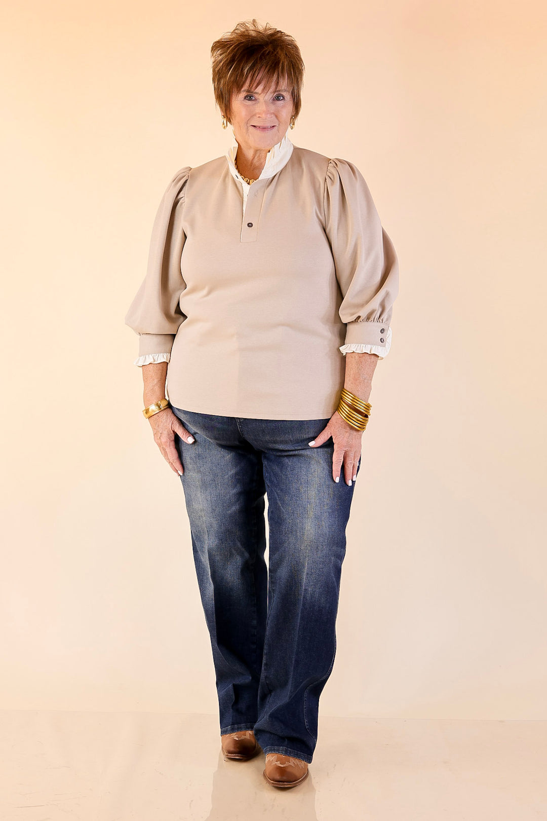 Refined Edge Puff 3/4 Sleeve Top with Collar Detailing in Sand