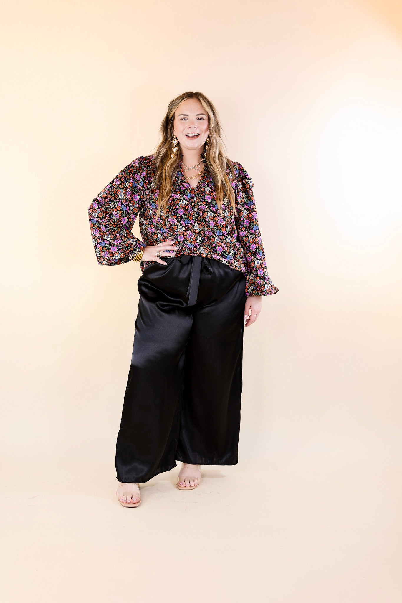 Dare To Dazzle Wide Leg Satin Pants with Waist Tie in Black