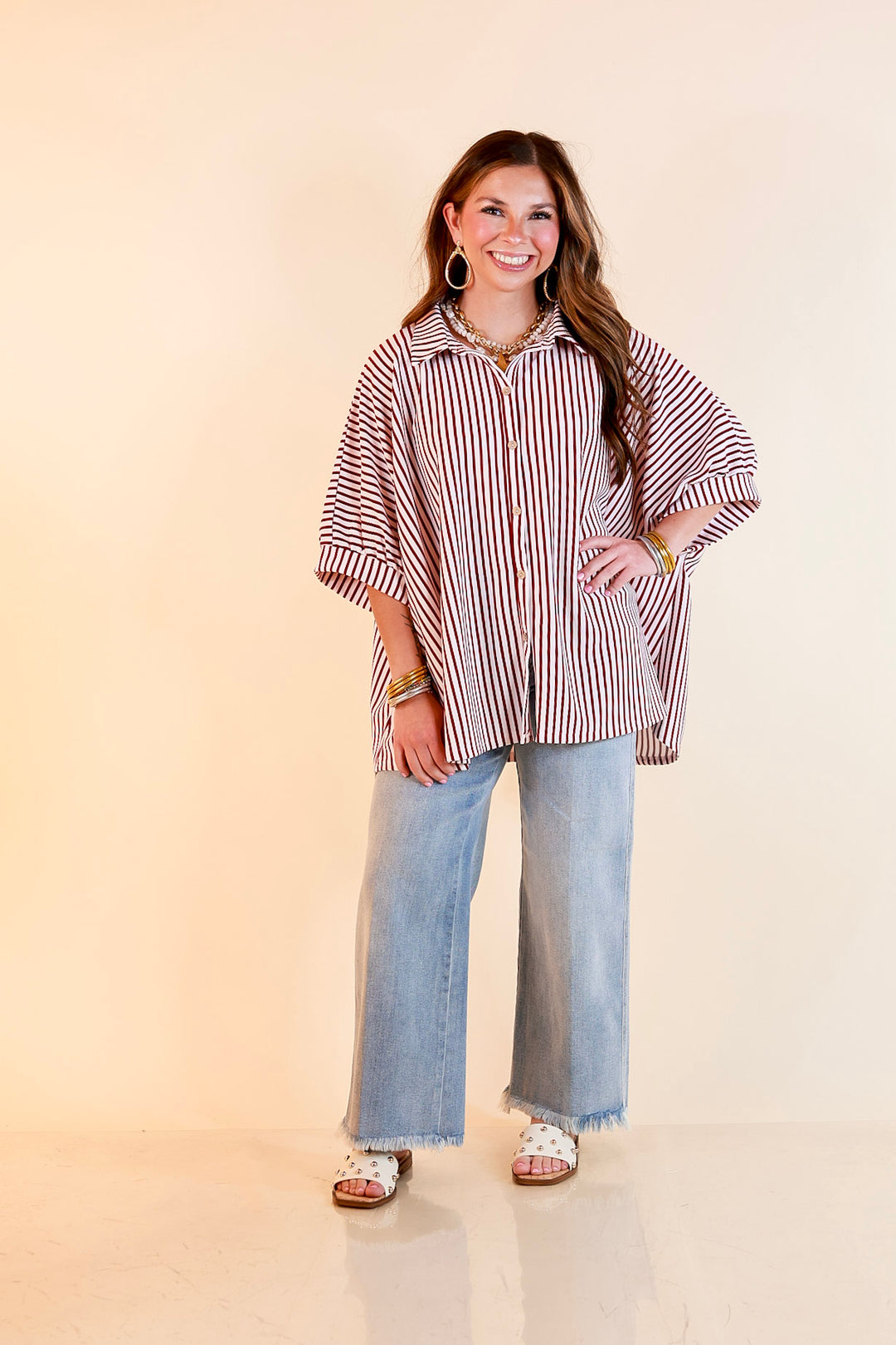 Effortlessly Aligned Button Down Collared Top with Vertical Ivory Stripe Detail in Maroon