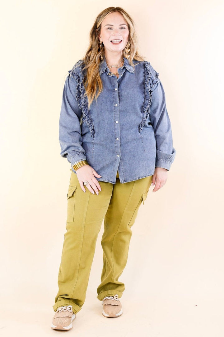 Attention To Detail Button Up Collared Denim Top with Ruffle Detail