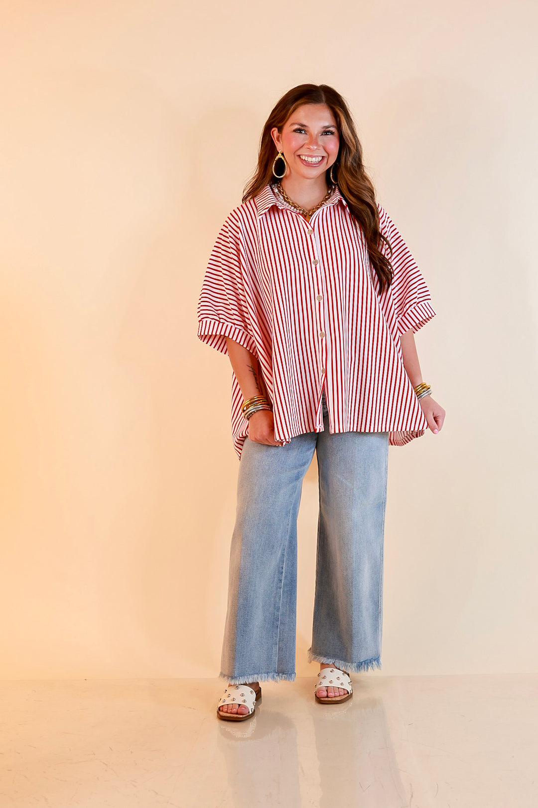Effortlessly Aligned Button Down Collared Top with Vertical Ivory Stripe Detail in Red