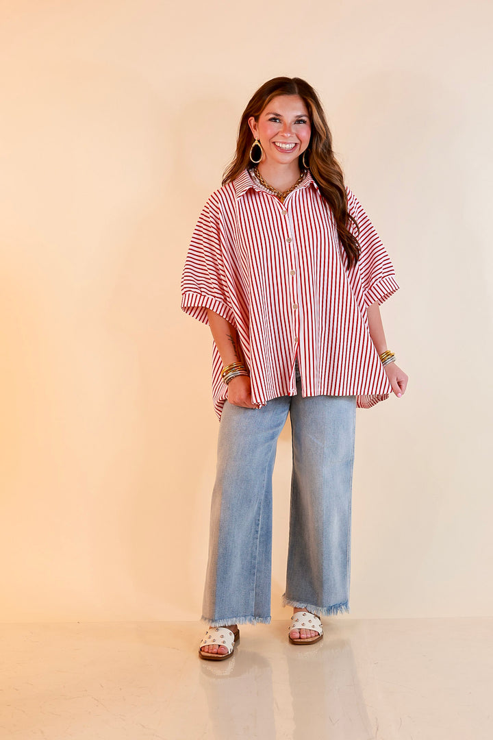 Effortlessly Aligned Button Down Collared Top with Vertical Ivory Stripe Detail in Red