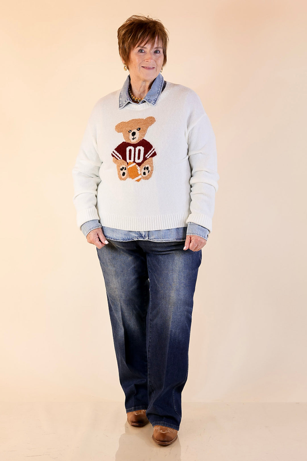 Simply Southern | Finest Touch Crewneck Sweater with Football Teddy Bear Graphic in Cream