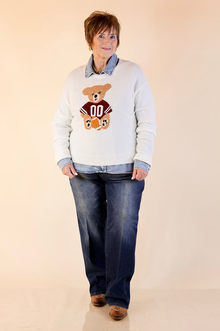 Simply Southern | Finest Touch Crewneck Sweater with Football Teddy Bear Graphic in Cream