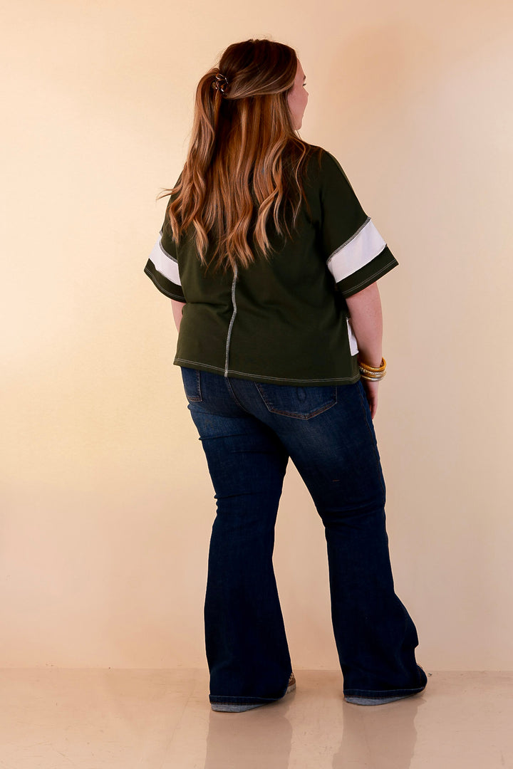 Simply Styled Color Block Rugby Style Relaxed Short Sleeve Top in Olive Green