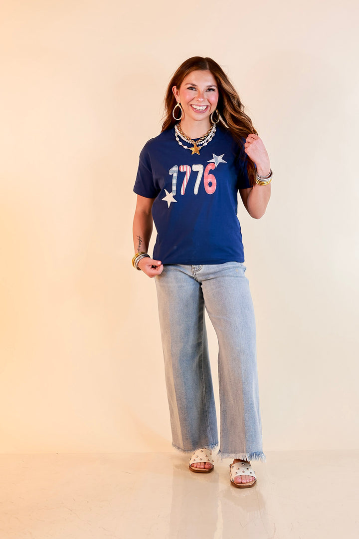 Simply Southern | American It Girl Short Sleeve Graphic Tee with 1776 Applique in Navy Blue