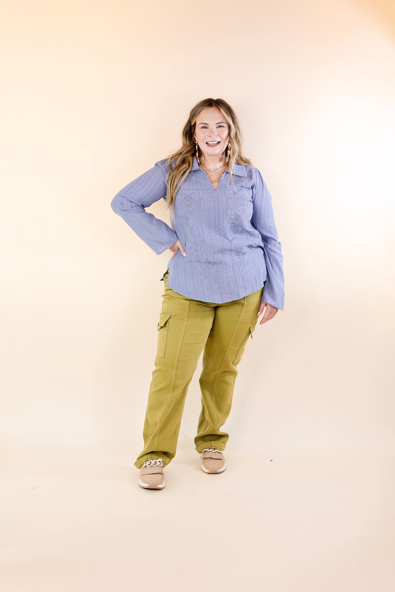 Sunny Garden Embroidered 3/4 Sleeve Top with Collared Neckline in Dusty Blue