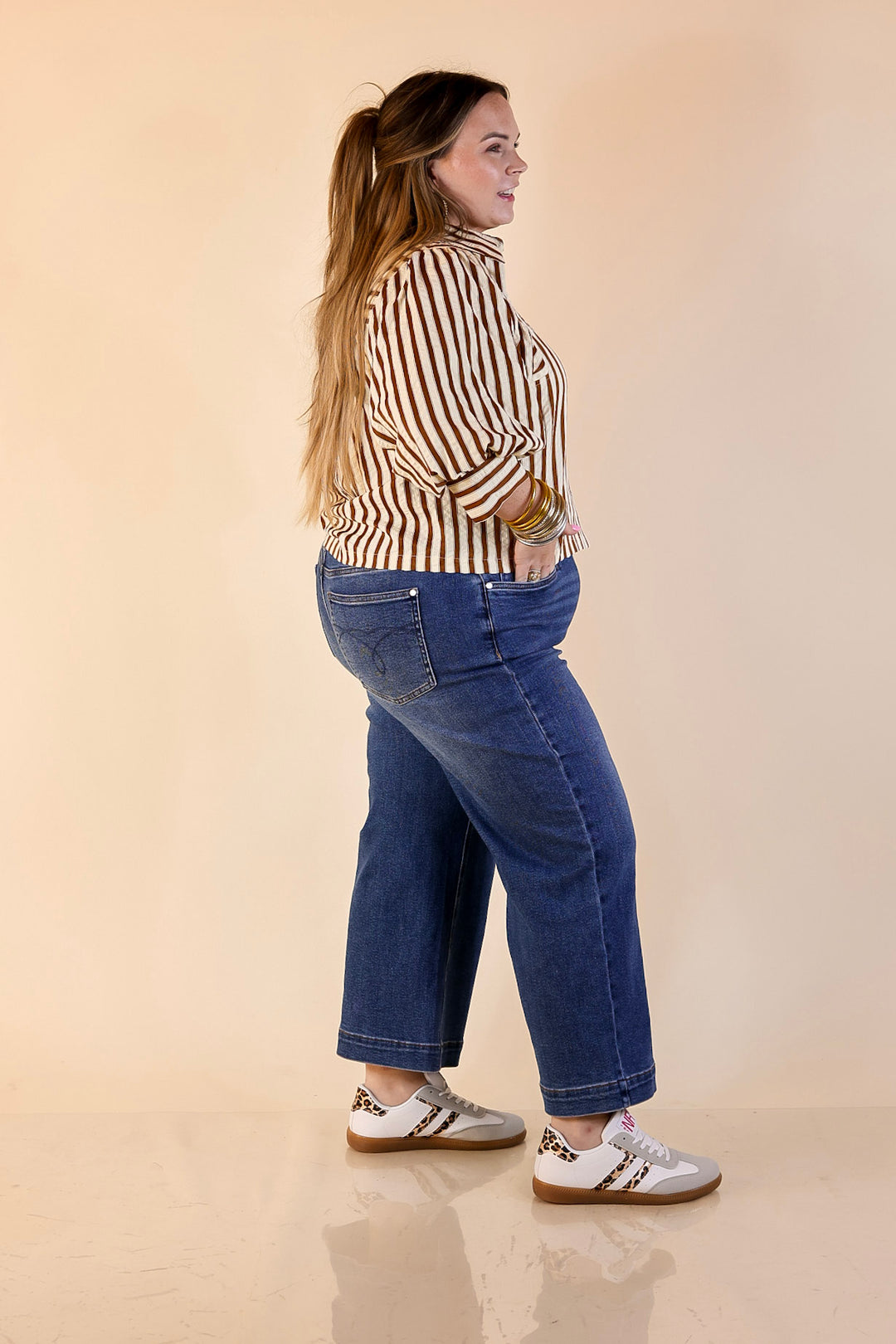 The Bold Type Striped Long Sleeve Button-Up Top in White with Chocolate Brown Stripes