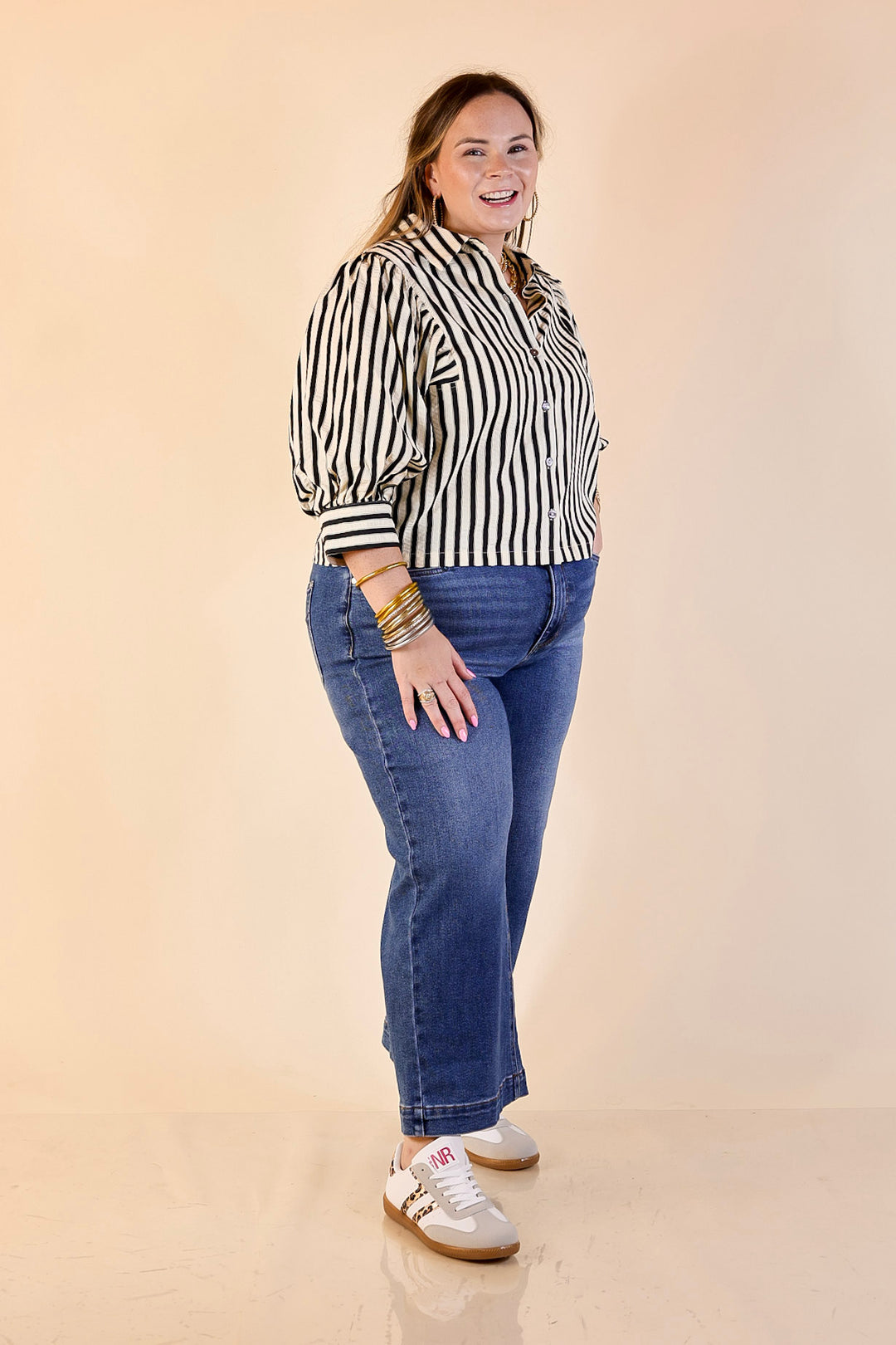 The Bold Type Striped Long Sleeve Button-Up Top in White with Black Stripes