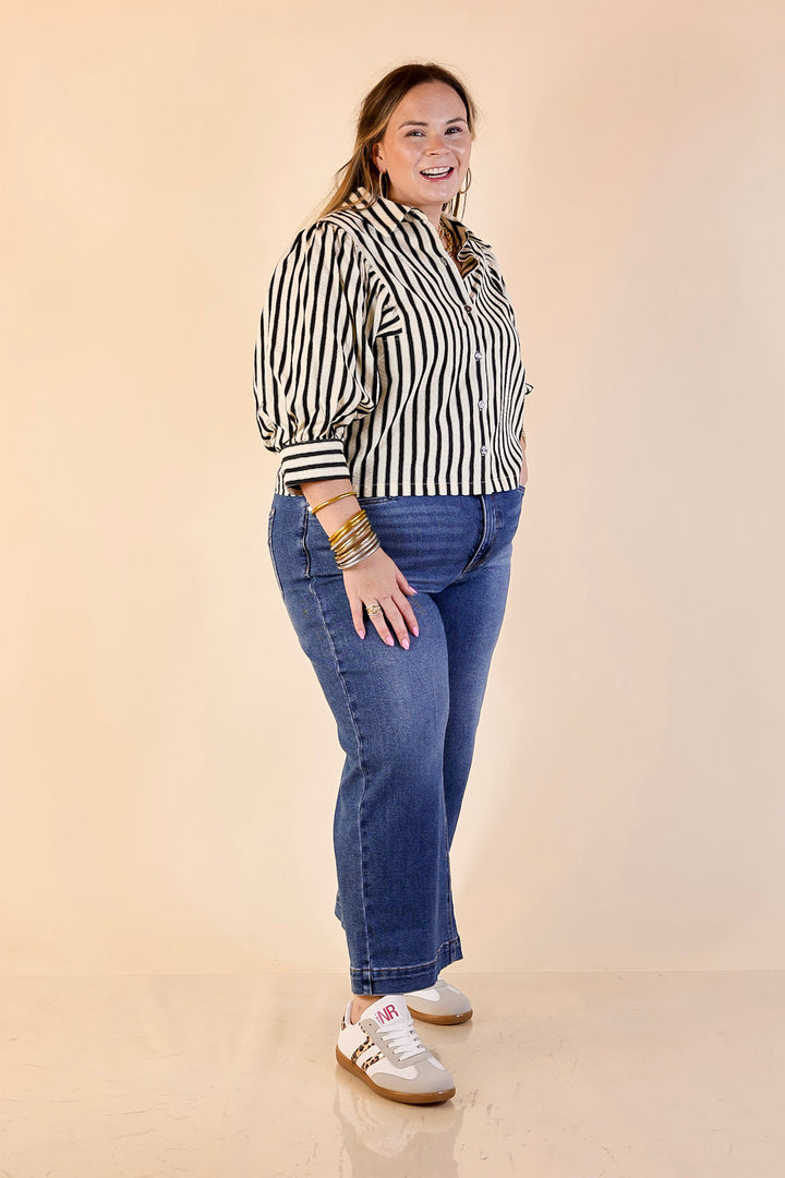 The Bold Type Striped Long Sleeve Button-Up Top in White with Black Stripes