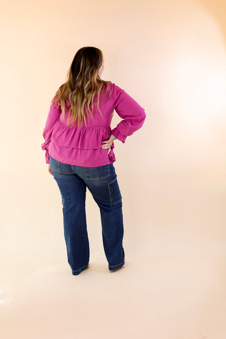 Rhythm Of The Season Embroidered Long Sleeve Top in Magenta