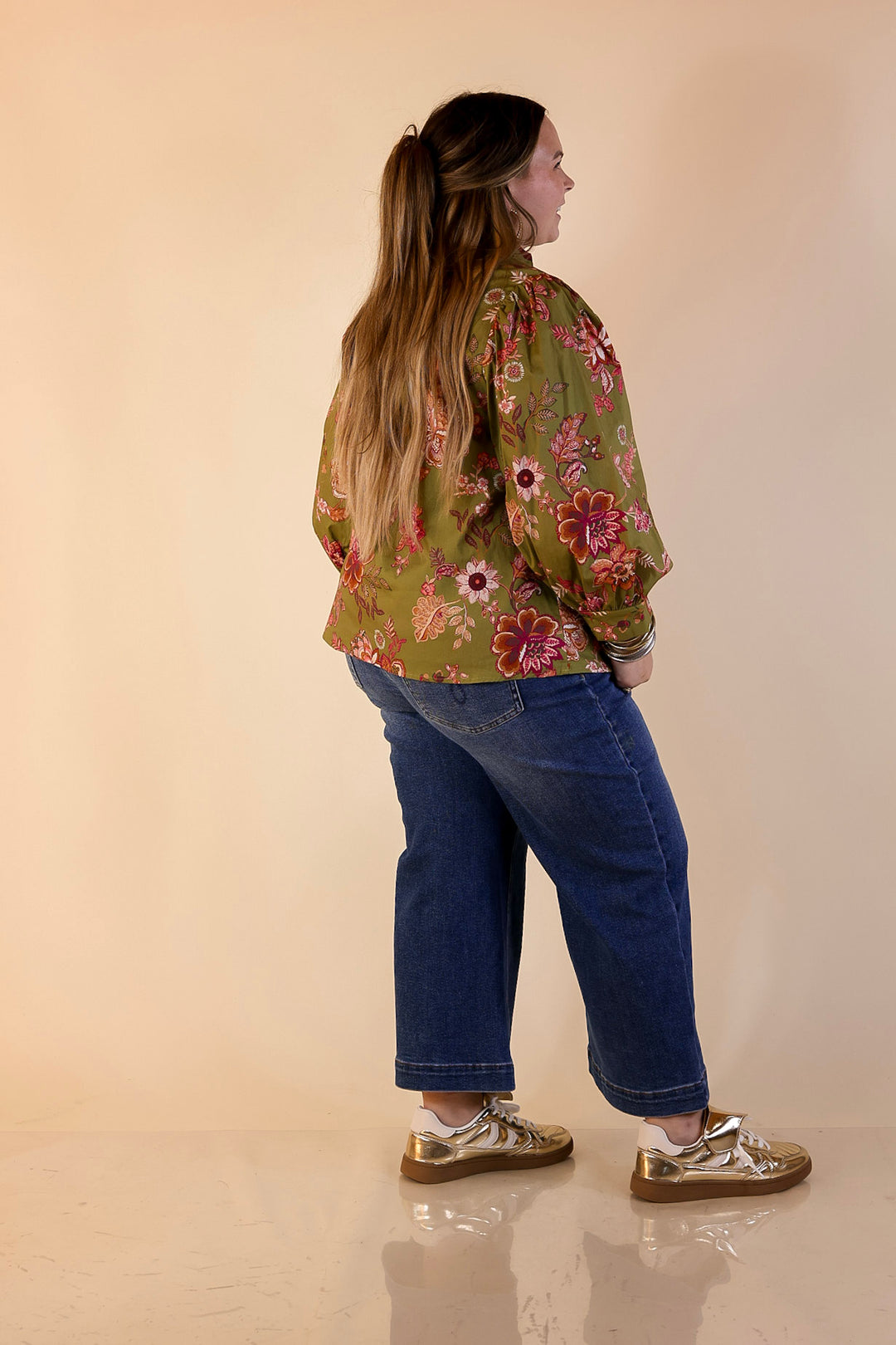 Autumn Allure Floral Long Sleeve Top with Contrast Trim in Olive Green