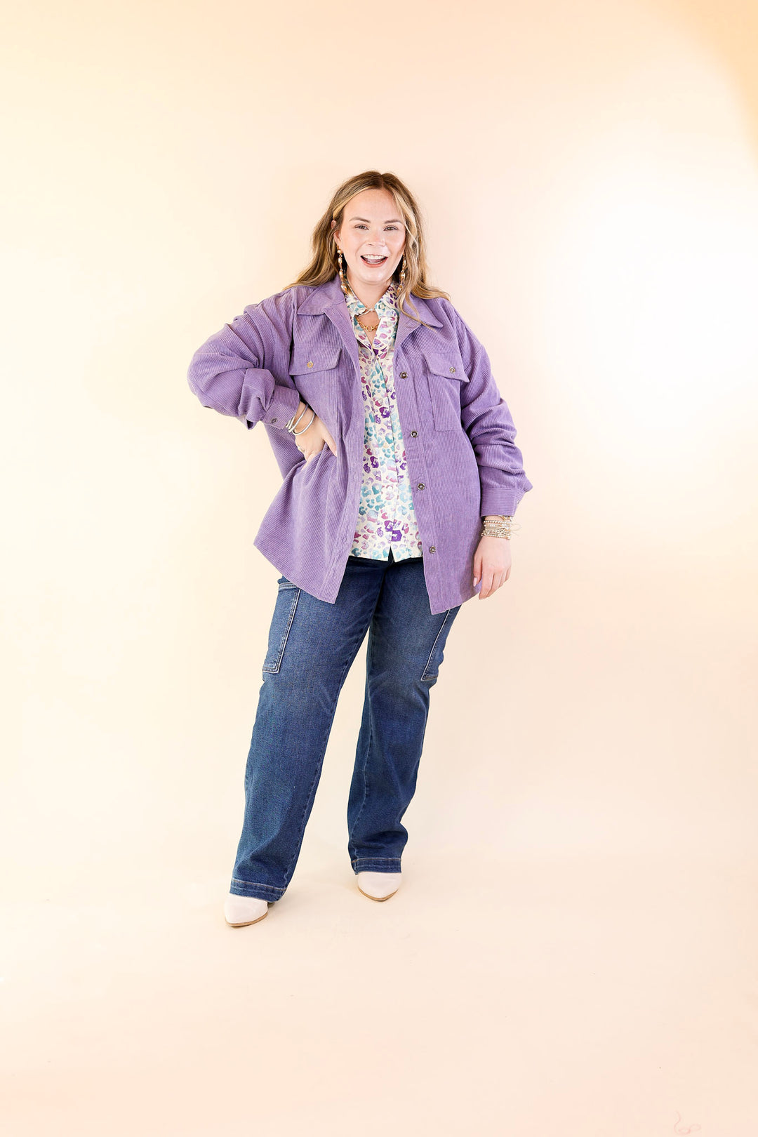 Latte Sips Button Up Corduroy Shacket in Dusty Purple