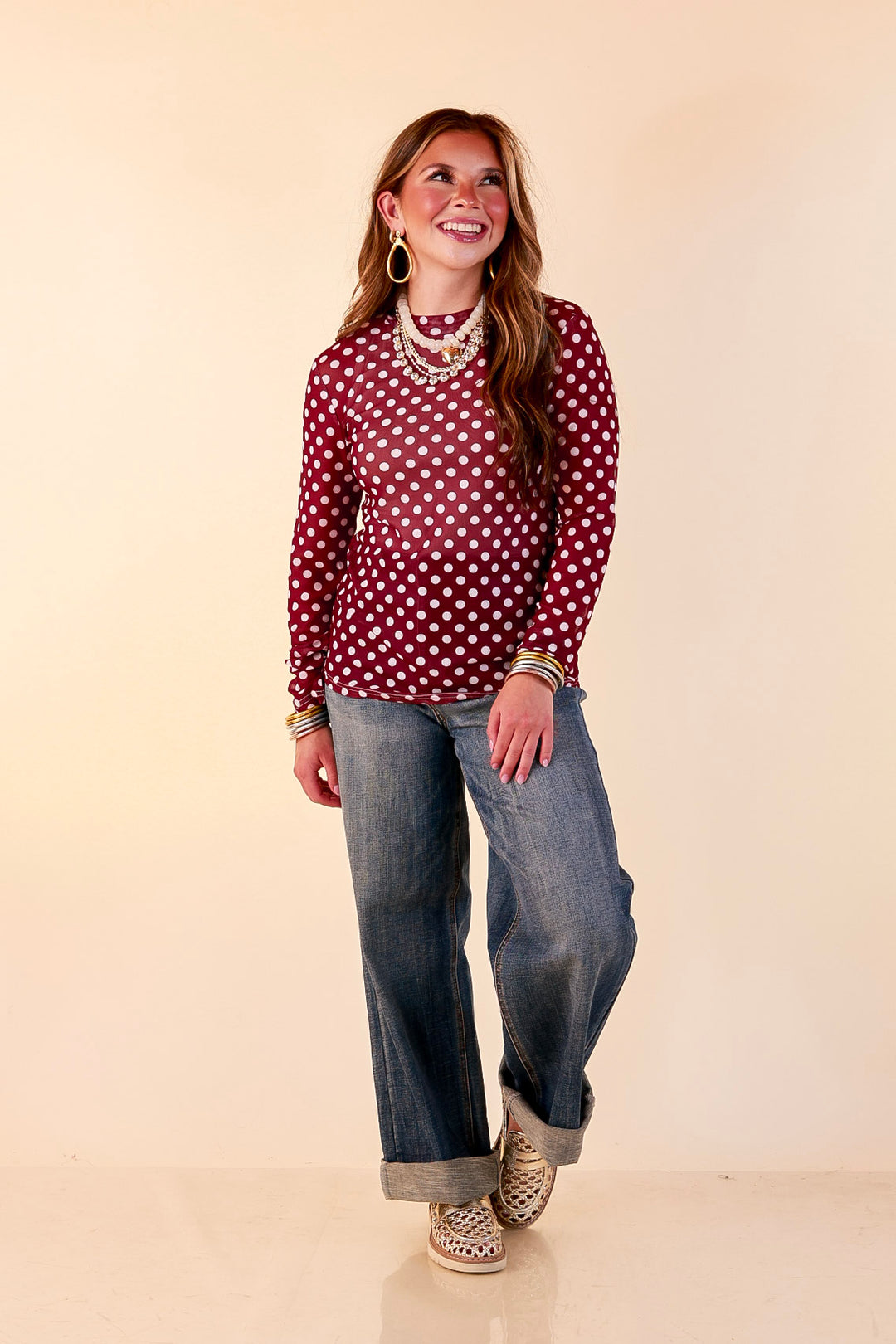 The Perfect Layer White Polka Dot Print Sheer Mesh Long Sleeve Top in Maroon