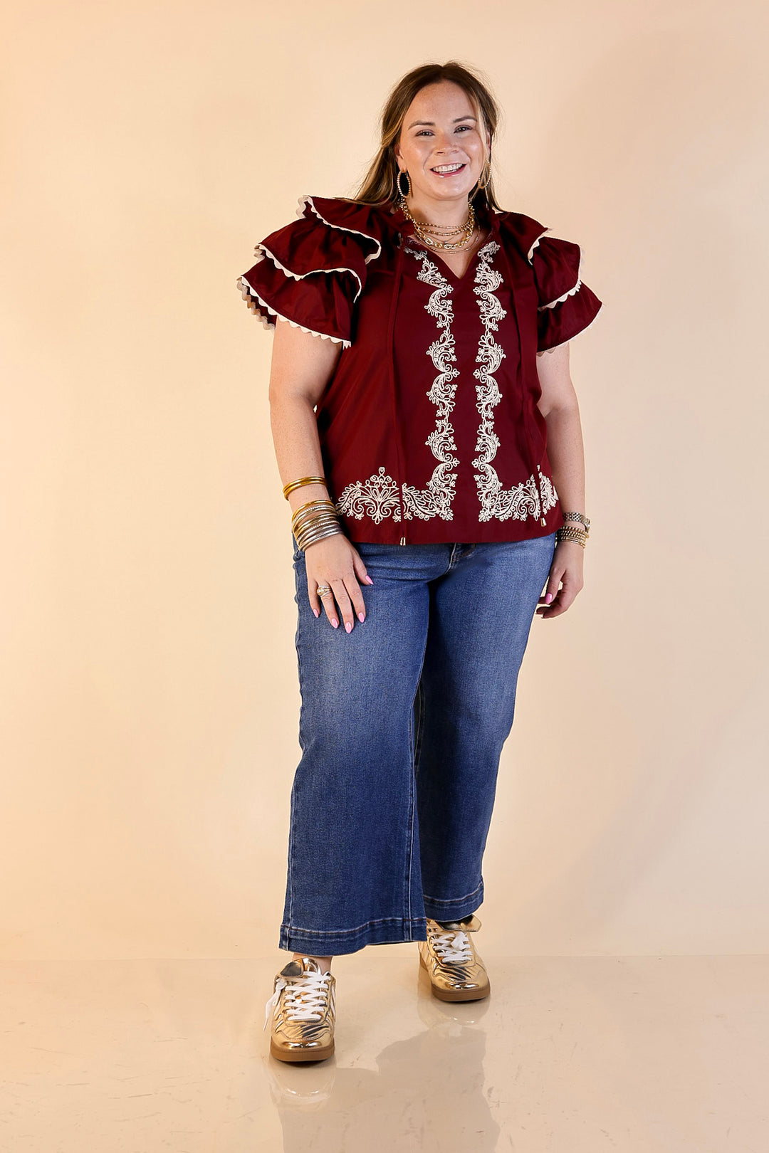 Graceful Details Embroidered Short Sleeve Top with Layered Flutter Sleeves in Maroon