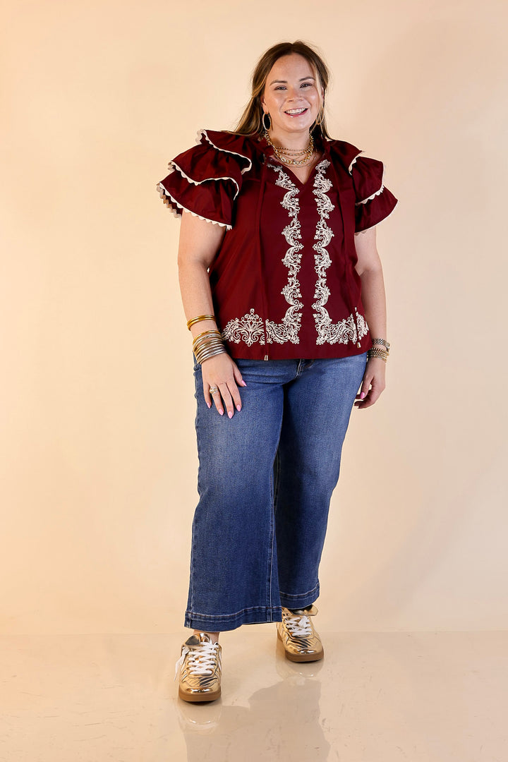 Graceful Details Embroidered Short Sleeve Top with Layered Flutter Sleeves in Maroon