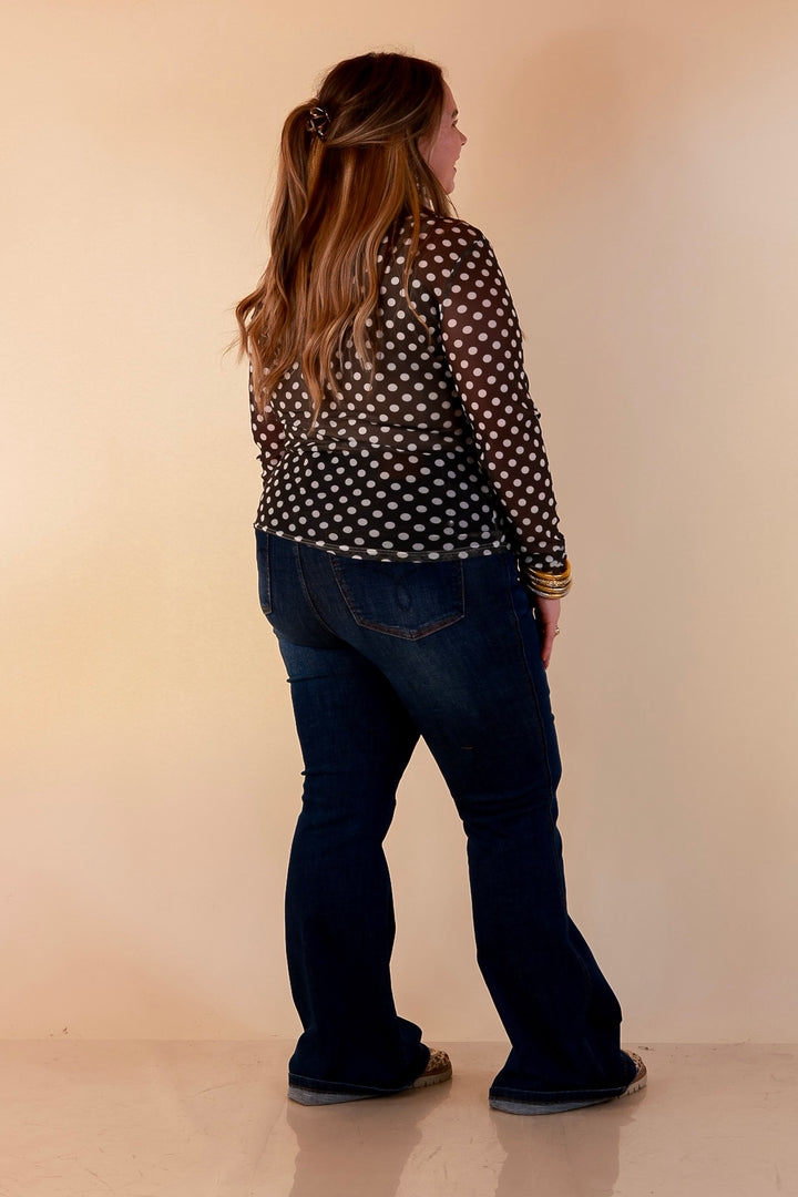 The Perfect Layer White Polka Dot Print Sheer Mesh Long Sleeve Top in Olive Green